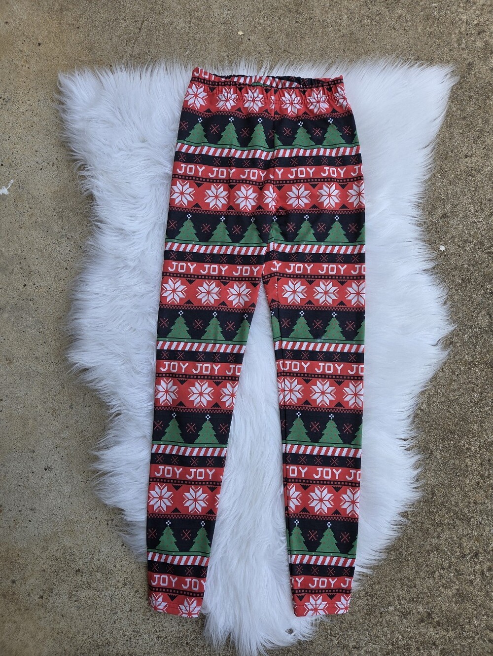 Holiday 'Joy' Tree Print Christmas Leggings - Red, Green, Black -YouthSize 10/12